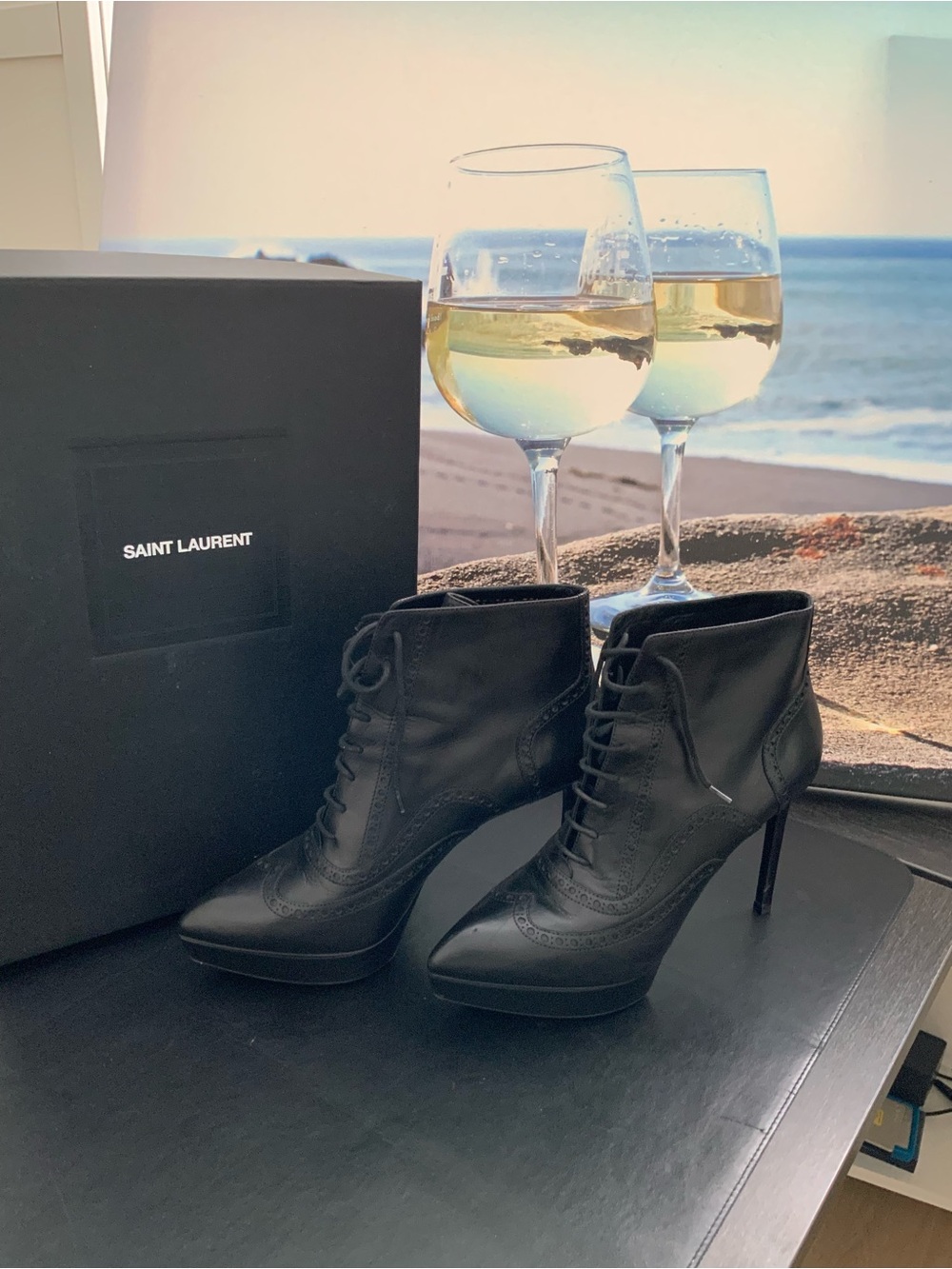 Saint Laurent Black Leather Lace-Up Stiletto Ankle Boots